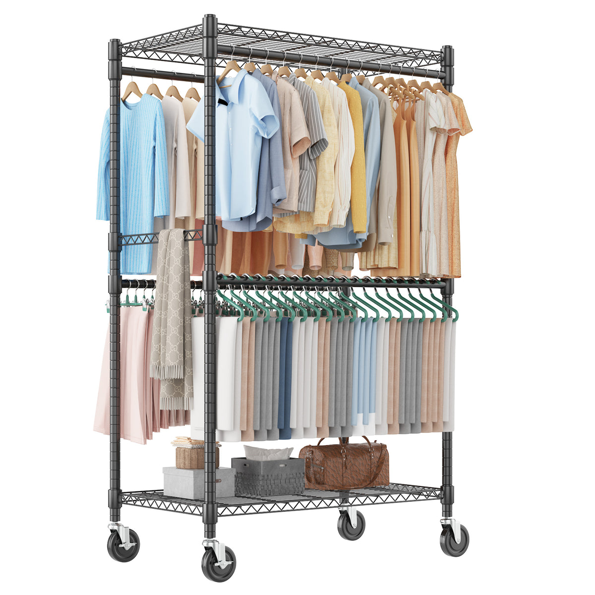 Homdox Heavy Duty Rolling Clothes Rack, Adjustable Clothing Rack for H