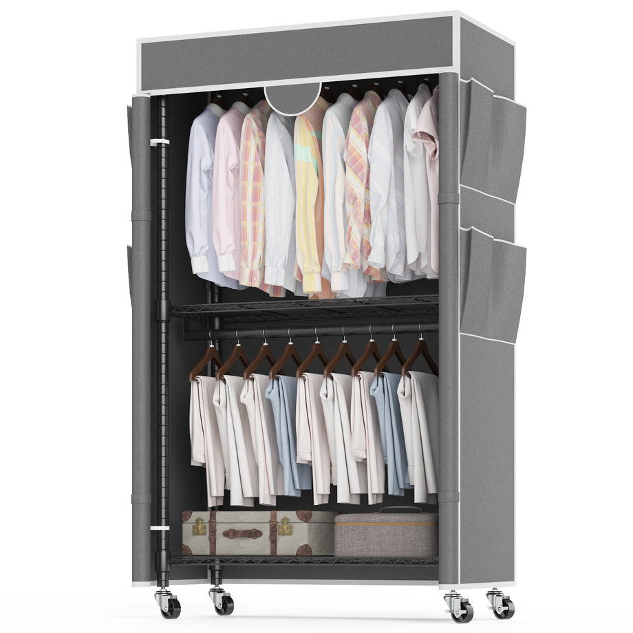 Homdox Rolling Garment Rack with Cover, Heavy Duty Clothing Rack for H