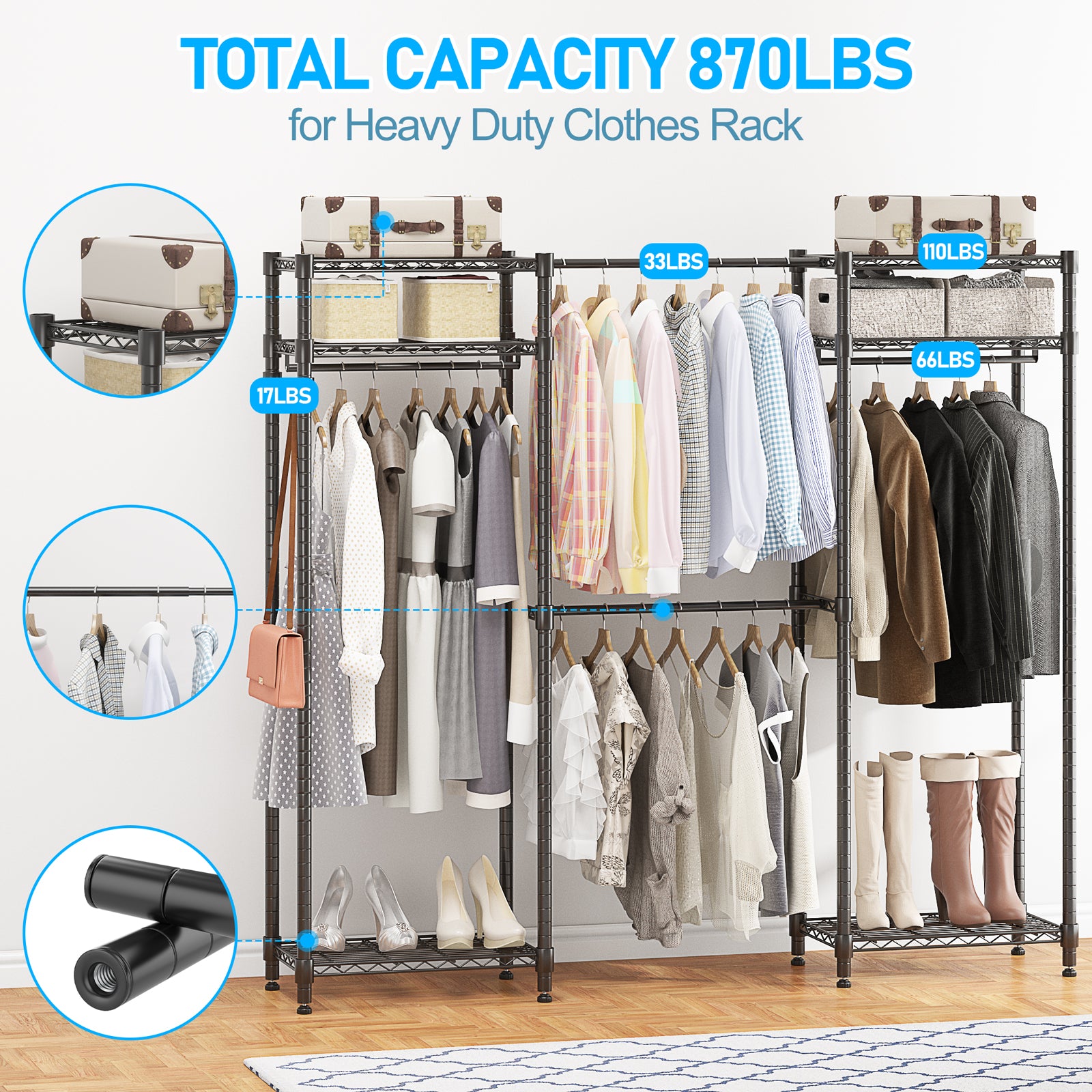 Garment Rack Extendable Homdox Heavy Duty Garment Rack with Extendable Hanging Rods, Adjustabl