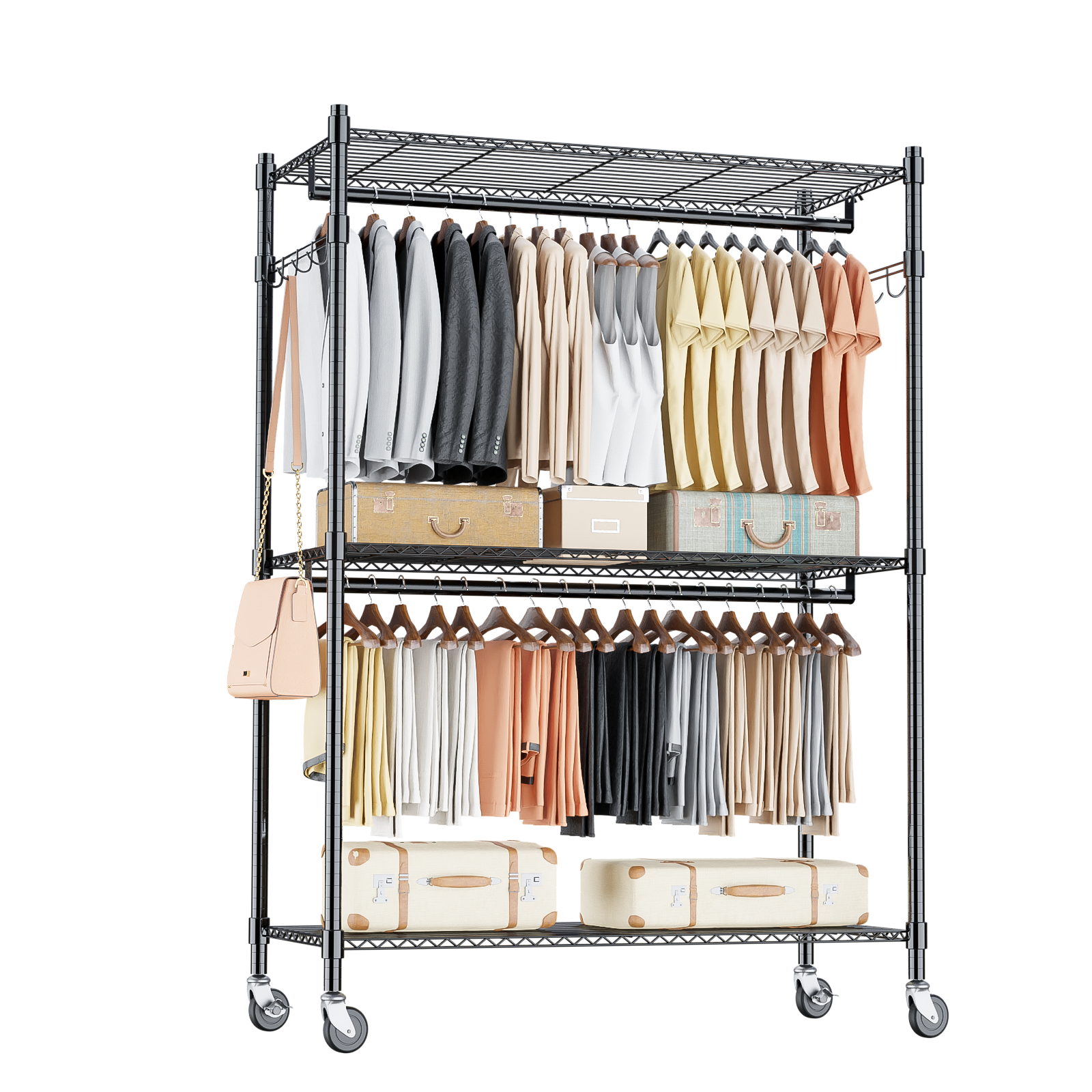 Homdox 3 Tier Heavy Duty Garment Rack with Wheels Adjustable Wire Clo