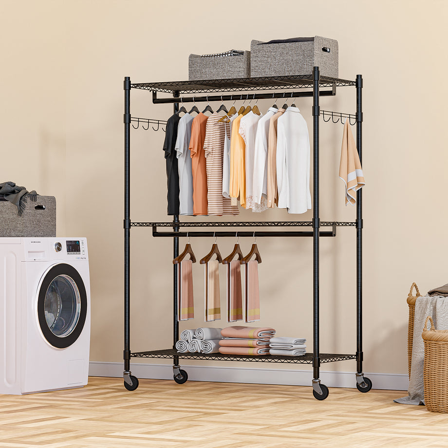 Homdox 3 Tier Heavy Duty Garment Rack with Wheels Adjustable Wire Clo