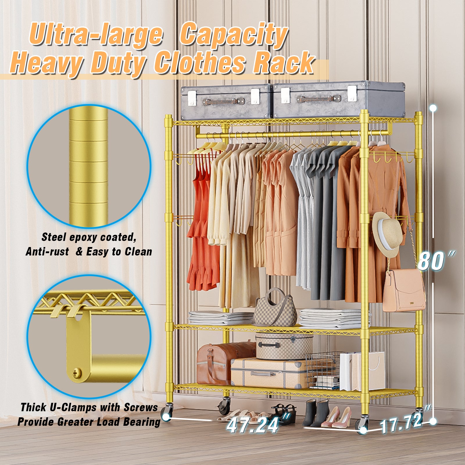 Homdox Rolling Garment Rack with Adjustable Wire Storage Racks, Heavy