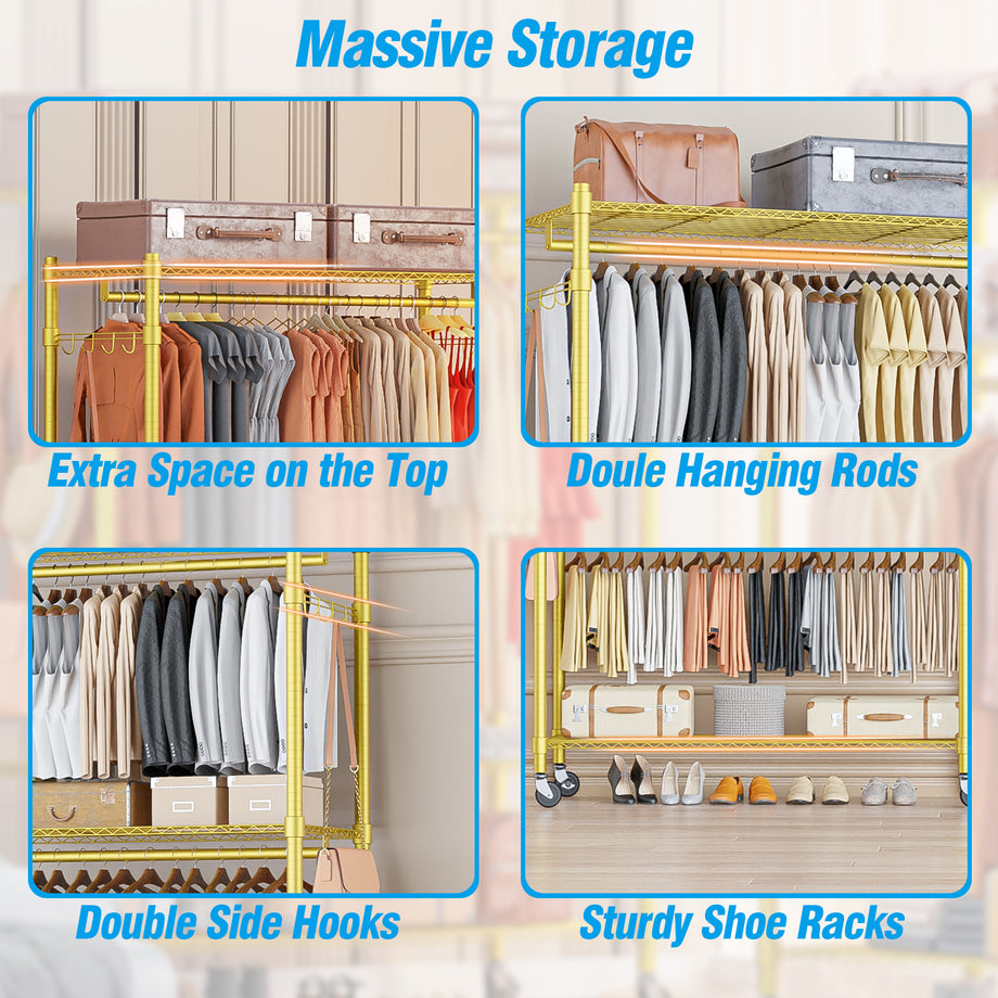 Homdox Rolling Garment Rack with Adjustable Wire Storage Racks, Heavy