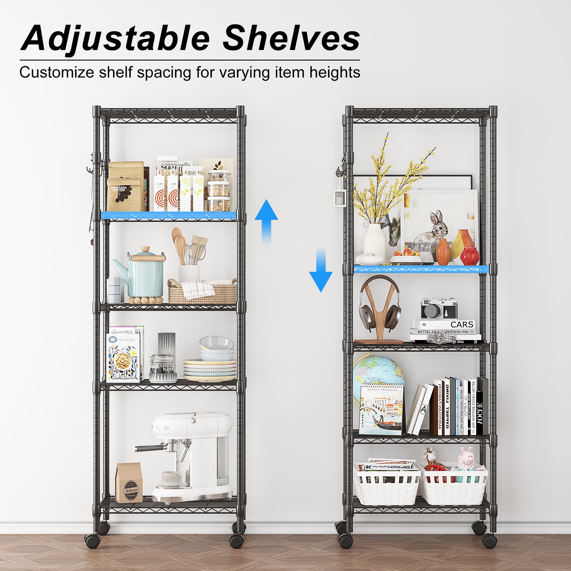 Silver Metal Shelving Unit, UHOMEPRO 5-Tier Heavy Duty Height Adjustable  Kitchen Storage Shelves, Wire Shelving With Wheel, Wire Storage Racks for