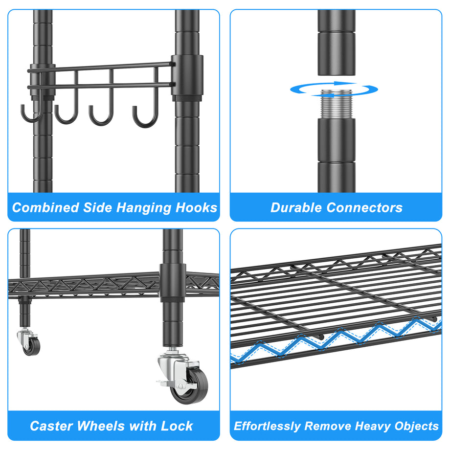 2-Pack 5-Shelf Wire Storage Racks On Wheels - 63" Tall, 30" Wide, Black Steel Rolling Shelves