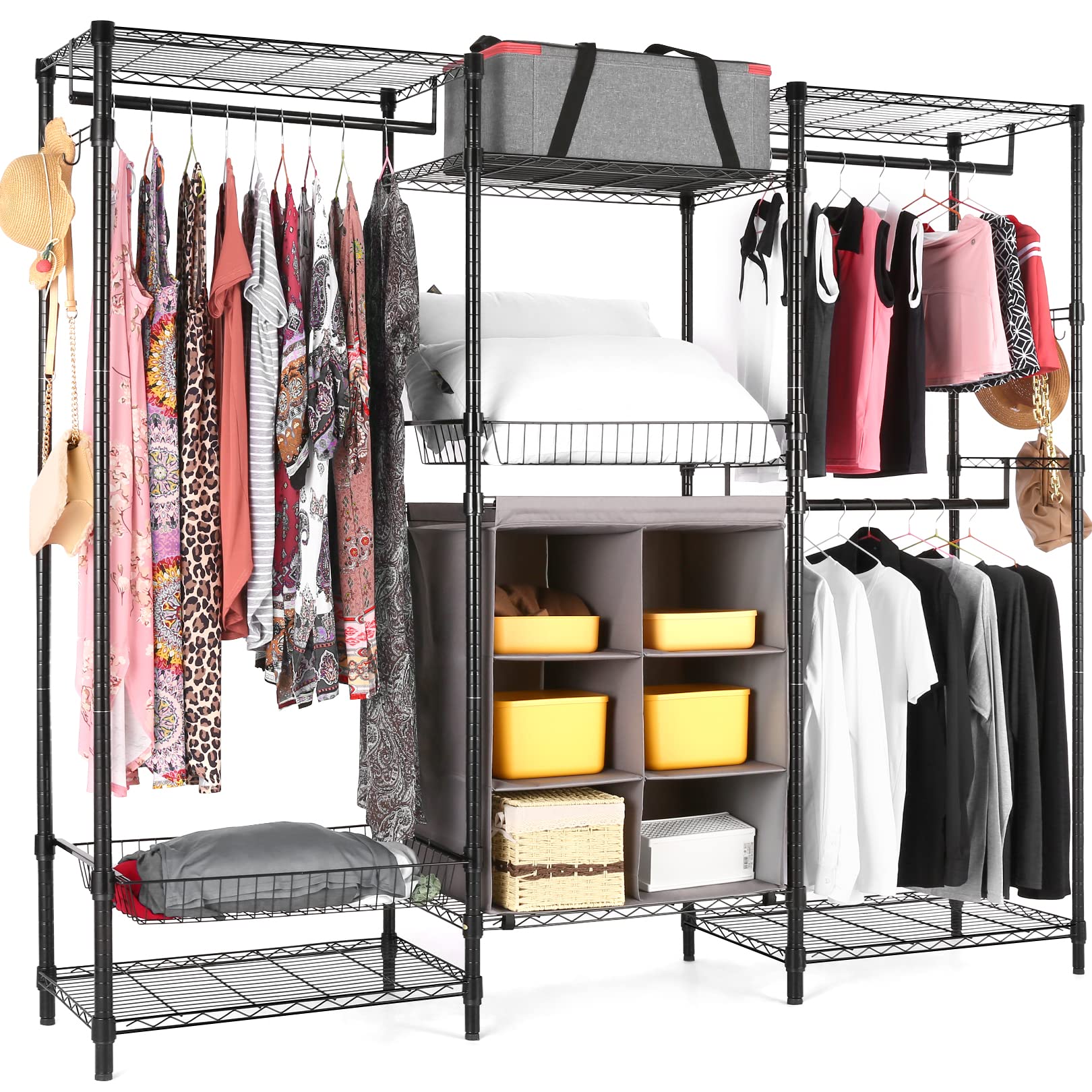 Homieaay Large Closet System, Heavy Duty Clothes Rack with 3 Wood