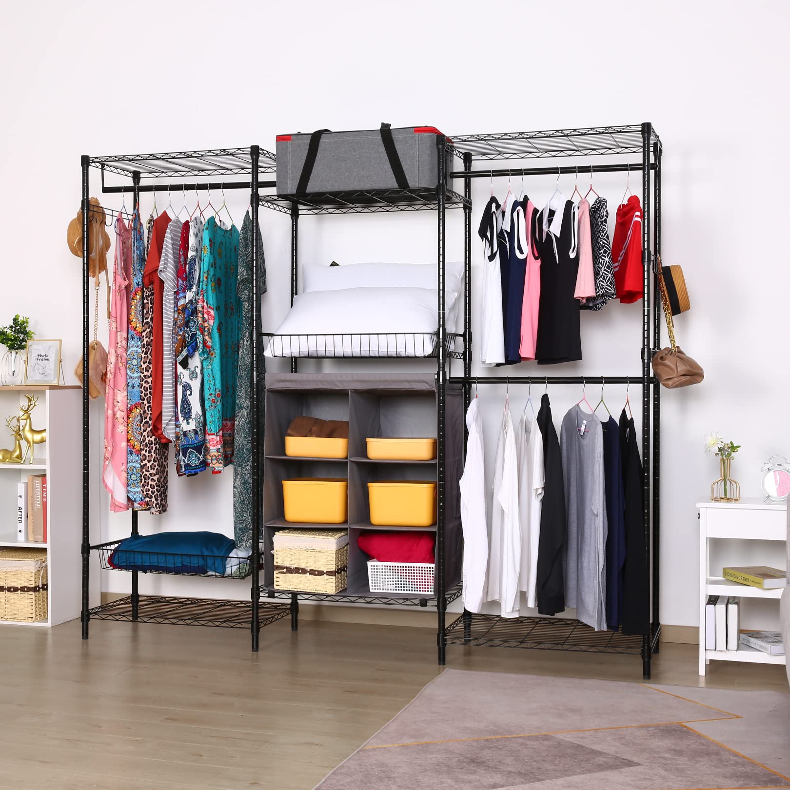 Freestanding Closet Organizer, Large Clothes Rack with Hooks & Shelves