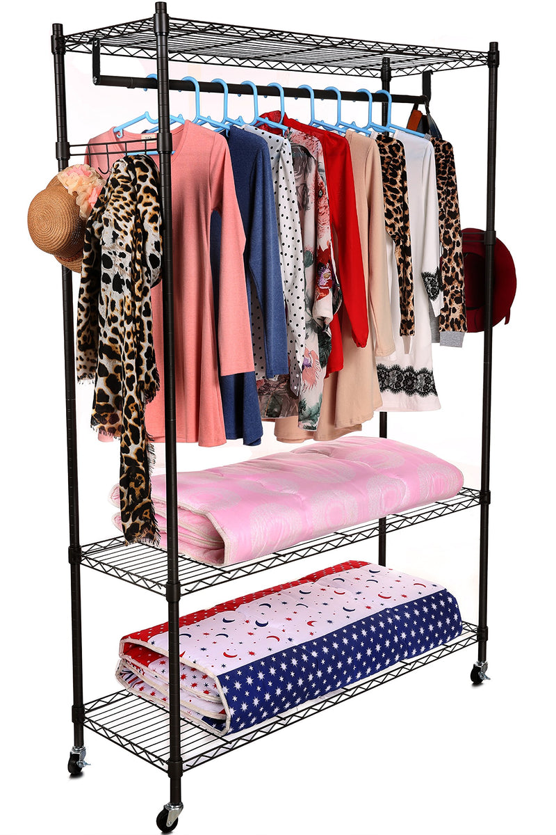 Homdox 3Tiers Heavy Duty Wire Shelving Garment Rolling Clothing Rack