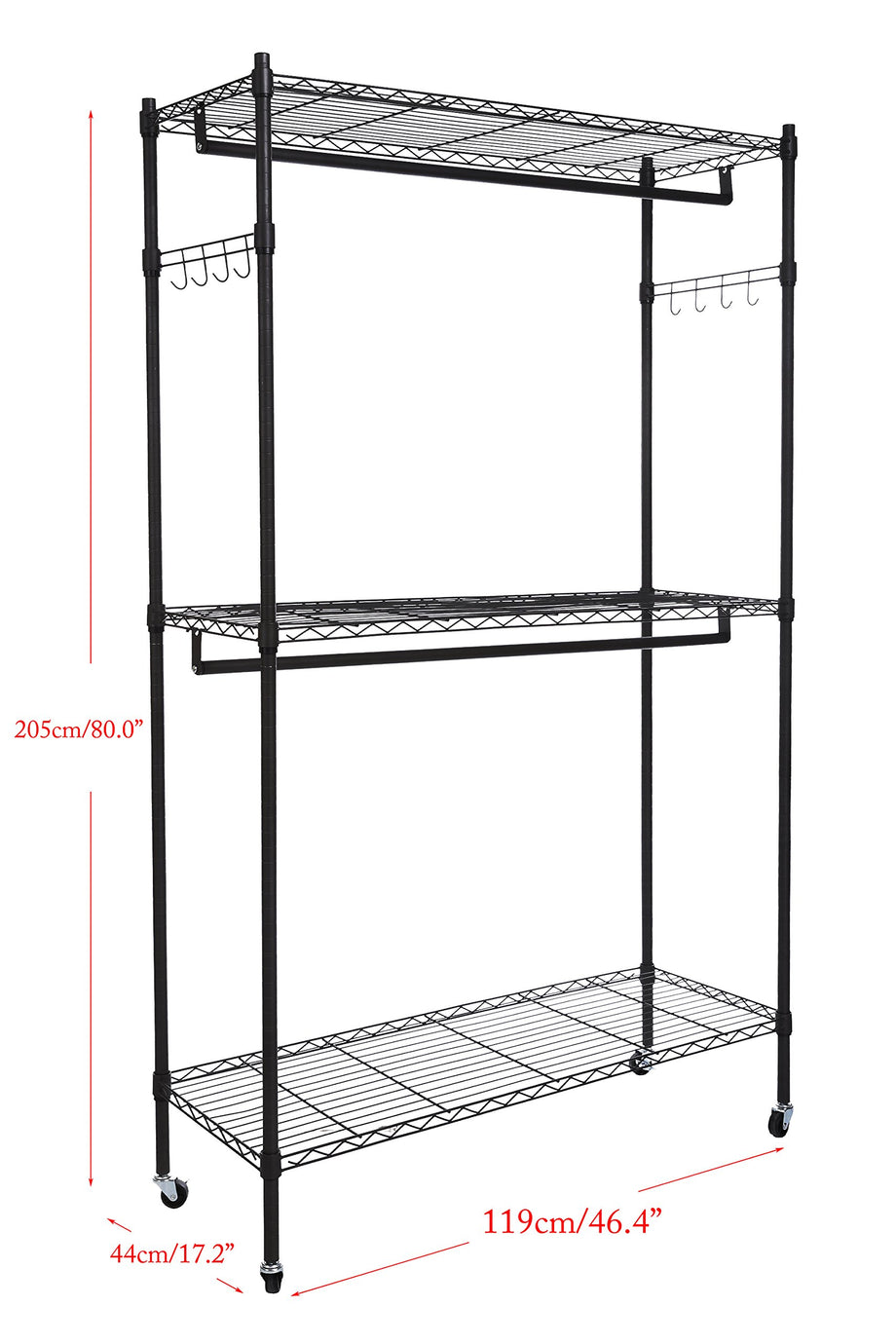 Homdox 3 shelves wire shelving clothing rolling rack heavy duty garment rack with wheels best sale and side hooks