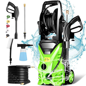 PowRyte Electric Pressure Washer with Hose Reel, Brass Foam Cannon, 4  Different Pressure Tips, Power Washer, 4200 PSI 2.6 GPM