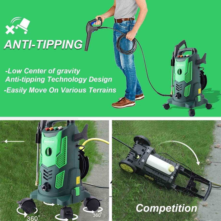 Homdox HX3000 Portable Pressure Washer with Hose Reel, 1800W/1.7 GPM E